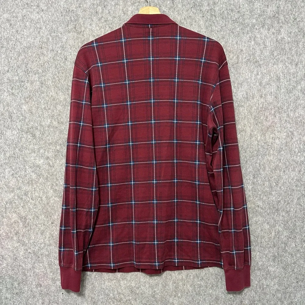Lands End Mens Medium Tall Traditional Fit Long Sleeve Polo Shirt Plaid Burgundy